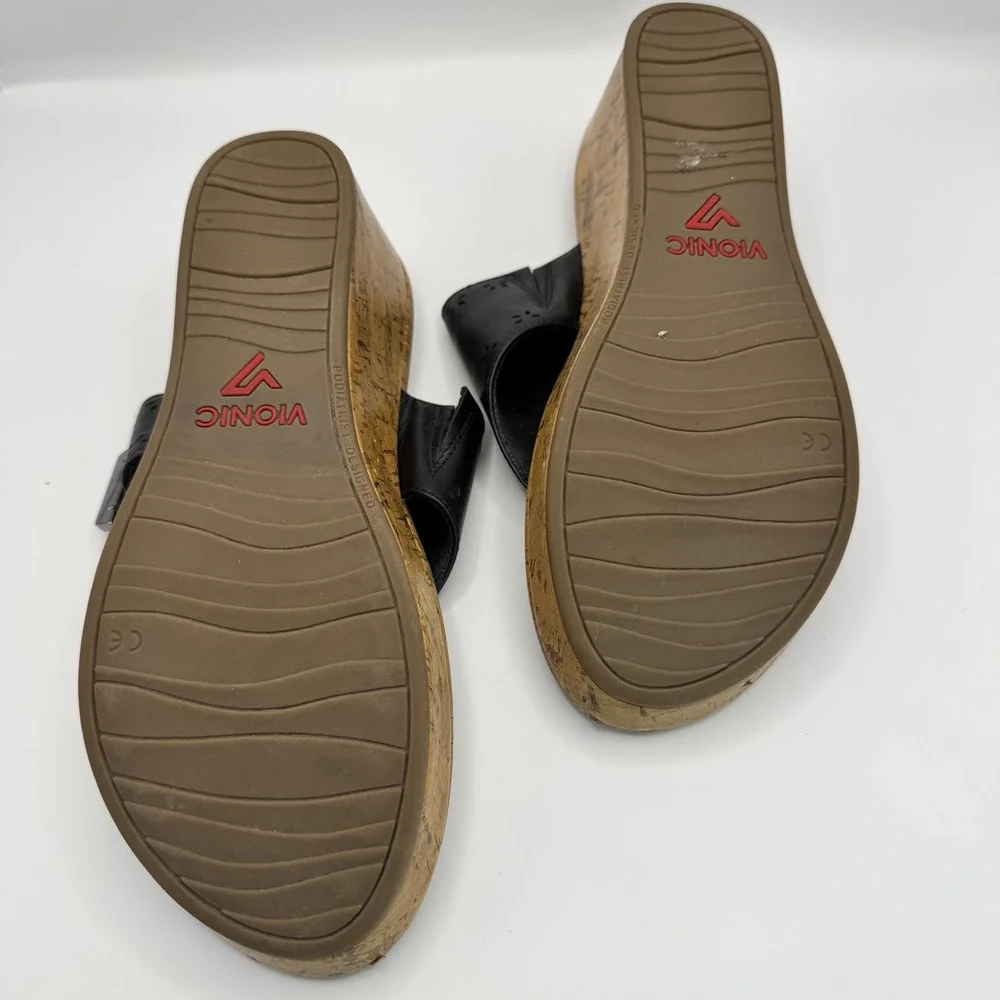 Vionic Anitra Wedge Sandals Womens 9 Black Leather Cork Thong Slides Good VW5502
